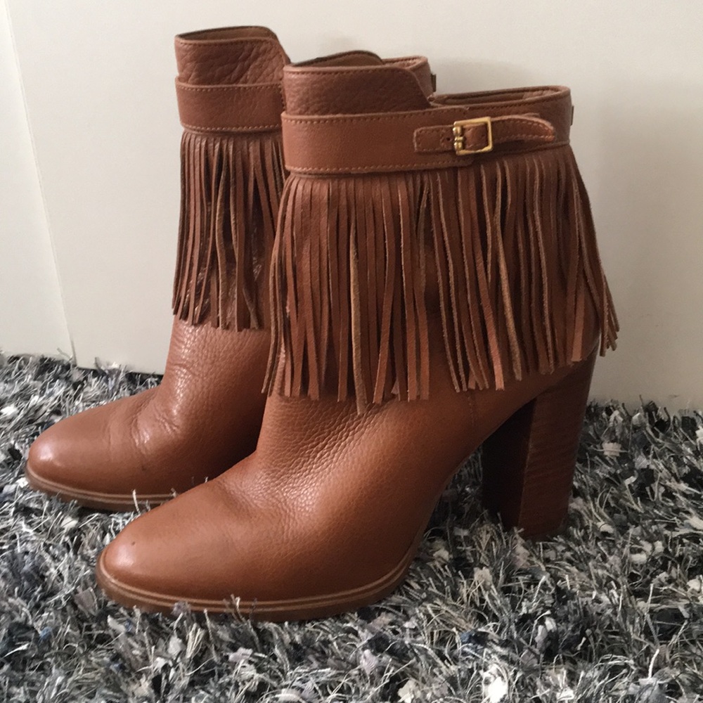 Camel Leather Fringe Booties